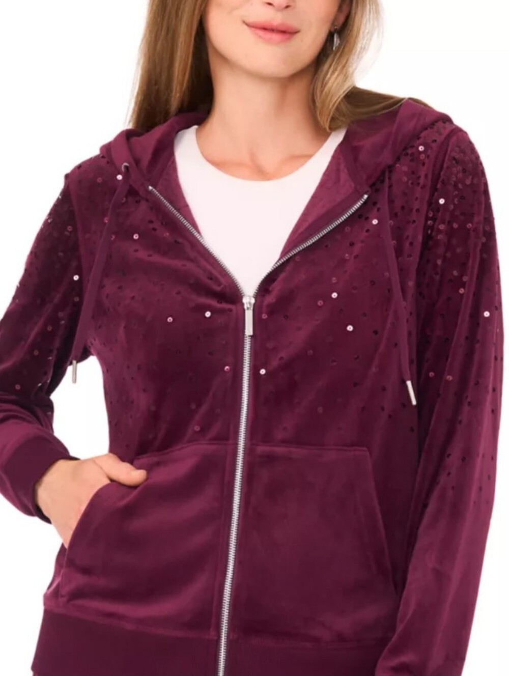 Sequin Vince Camuto Plum Velvet Velour Fleece Zip Bling Vacation Travel Hoodie S